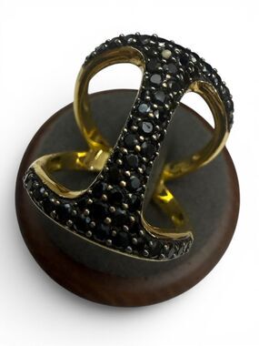Bellazza Italy Gold Tone Black Crystal Statement Ring Size 8